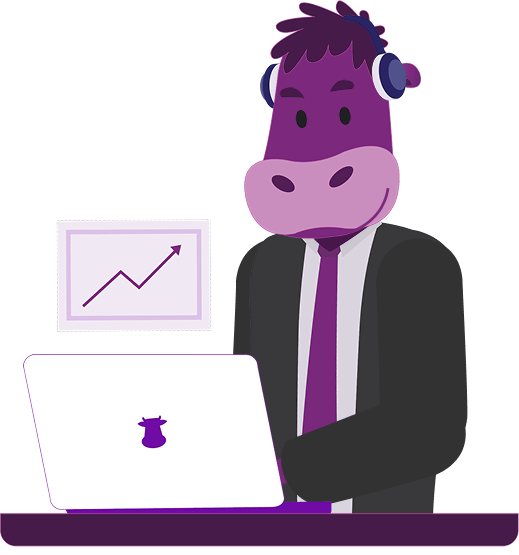 Purple Cow character with headphones and laptop
